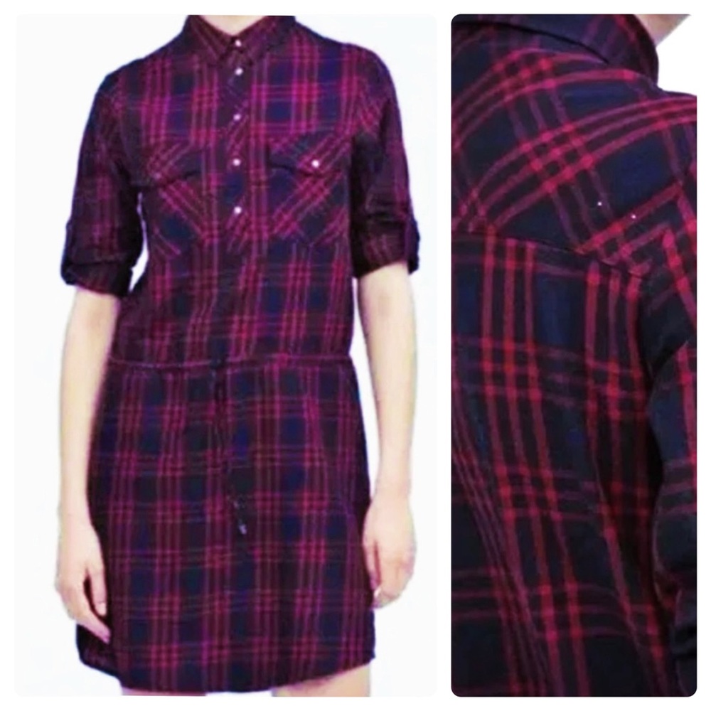 ZARA Flannel Dress Blue Red Tartan Plaid Shirt Dress Adjustable Sleeve S…